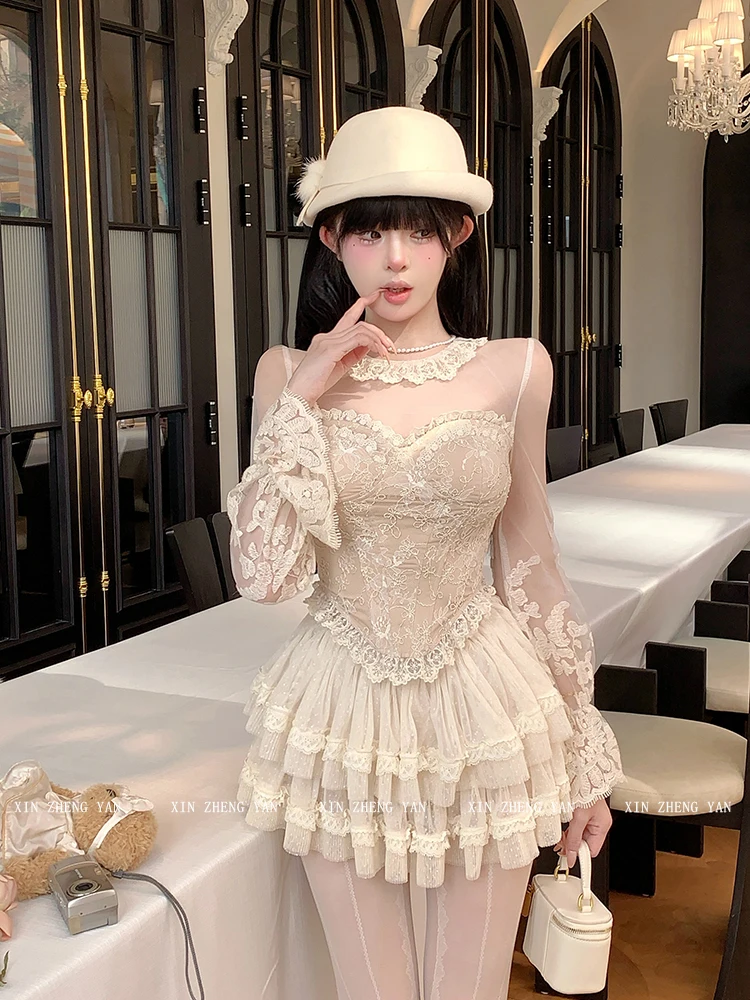مزاجه الفرنسية الحلو الدانتيل كم طويل هيكل السمكة سليم الأعلى المرأة الخريف الشتاء أنيقة مأدبة عالية الخصر موضة الشاش تنورة