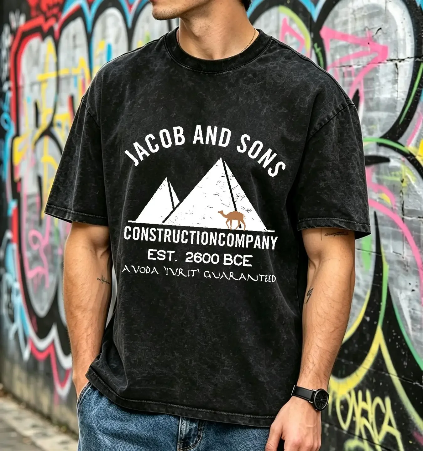 washed T Shirt Funny Passover Hebrew Construction Egypt Pyramids Builders vintage Washed Top For Everyday Wear Stretched