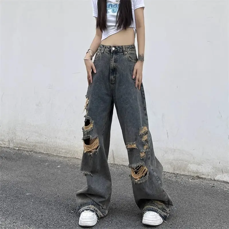 

2024 Instagram Street Hip-hop Distressed Wide Leg Mop Pants with Distressed Edges for Men and Women Loose Fitting Jeans Trend