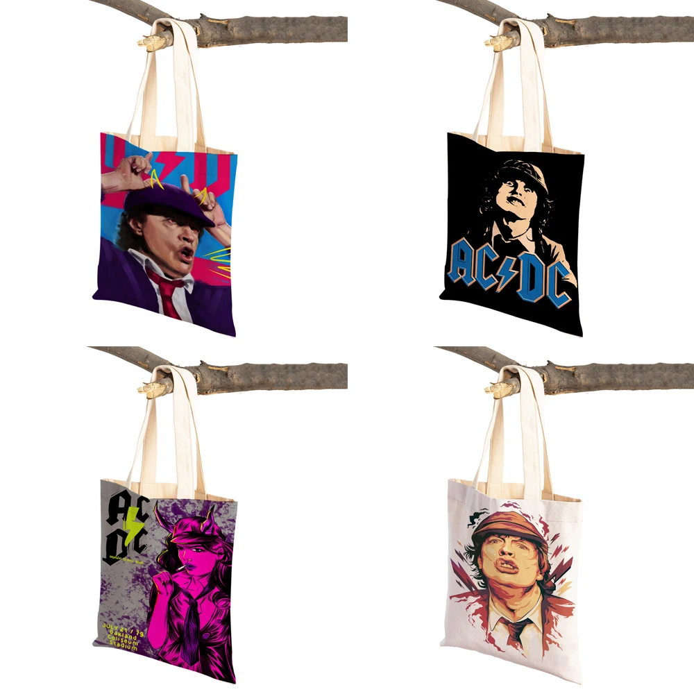 Canvas Women Shopper Bag AC DC Band Art Lady Shopping Bags Classic Rock Team Reusable Foldable Eco Cartoon Travel Tote Handbag