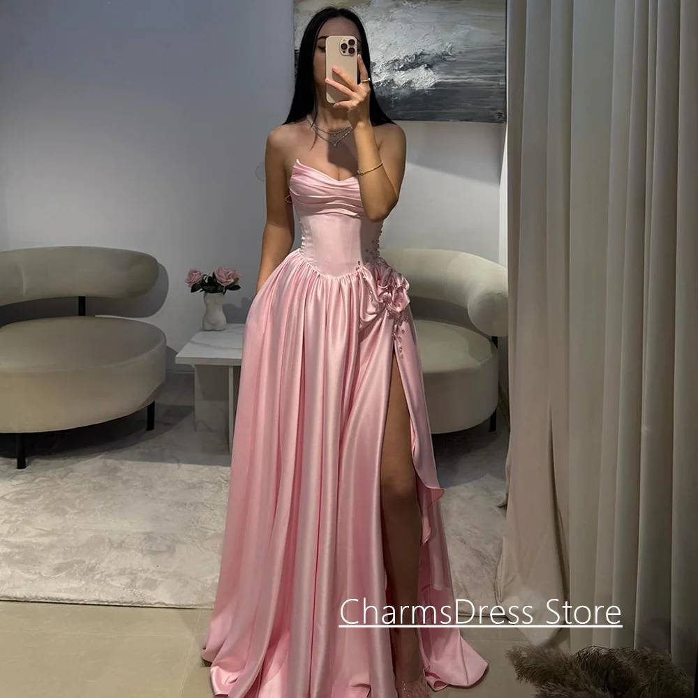 アラビアンイブニングドレス カスタマイズされたスクープネック ノースリーブ クリスタルストーン フラワードレープ ハイスリット Aライン サテン プロムドレス