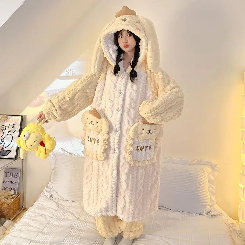 Kawaii Sanrios Pompon Purins Cartoon Pigiama Hello Kittys Ragazze Camicia da notte in velluto Inverno Addensare Accappatoio lungo Casual Abbigliamento per la casa