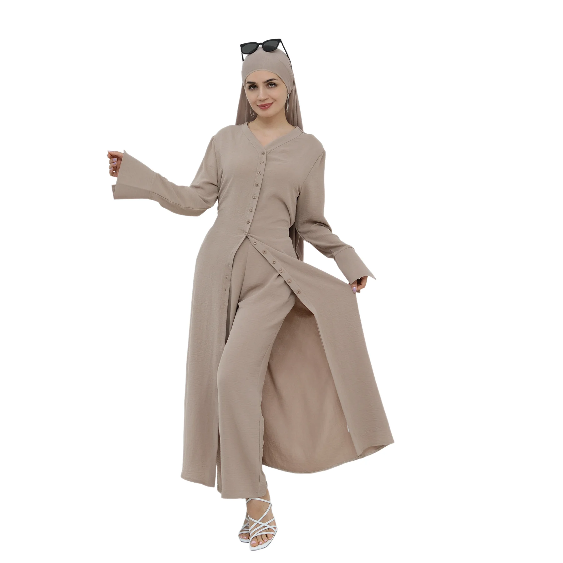 

Комплект из 2 предметов: Абая с открытыми пуговицами и брюки, мусульманский модный костюм, исламская одежда, абайи для женщин, роскошный кафтан из Дубая, арабское платье