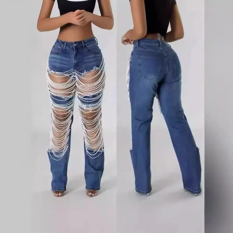 Pantalones vaqueros con agujeros grandes para mujer, Vaqueros rectos con cadena de cuentas 2025, Vaqueros rasgados con cuentas para mujer, Vaqueros con bolsillos negros, Vaqueros elásticos ajustados para mujer