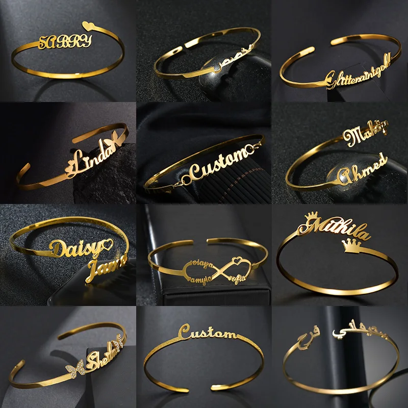 

Nextvance Personalized Custom Name Bracelet For Women Stainless Steel Nameplate 3MM Cuff Open Bracelet Jewelry Christmas Gifts