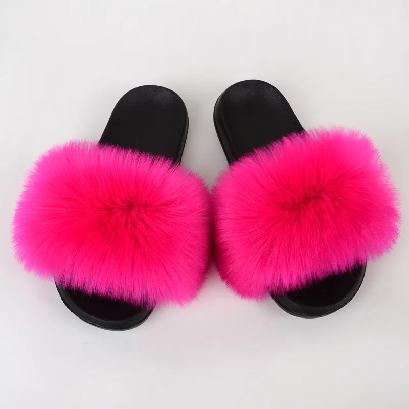 Children Slides Faux Fox Fur Slippers Kids Fluffy Raccoon Sandals Fashion Furry Home Flat Flip Flops Baby Girls Cute Plush Shoes