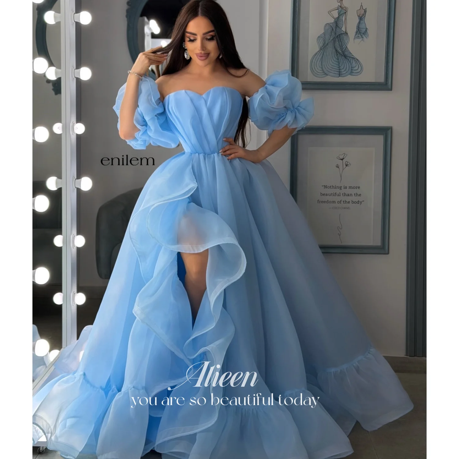 

Aileen Light Blue Organza Off Shoulder Prom Dress Hot Sale Short Sleeve Ball Gown Floor-Length Ruffles Dress Customized