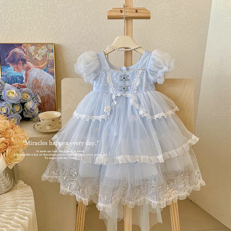 Girls' Princess Vintage Party Frock Ceremony Dresses For Special Events 4 7 10 Years Girl Blue Lolita Layered One Piece Clothes