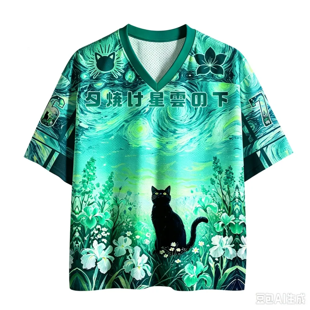 Black Cat Starry Sky Flower Field Illustration Sport Quick-drying Breath 3DPrint Men V-Neck T-Shirt Fashion Hip-Hop Parent-child