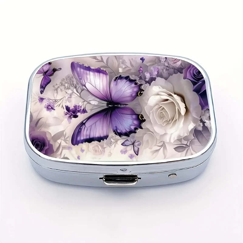 1Pc Purple Floral Butterfly Pattern Metal Pill Box - 2-Compartment Portable Round Medicine Organizer, Food-Grade Safe, Travel Jewelry Earring Storage, Portable Wallet Size, Unique Holiday Gift
