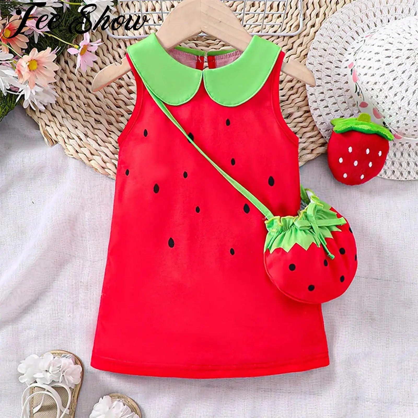 

Infant Baby Girls Cute Watermelon Sundress Doll Collar Sleeveless A-line Dress with Bag Summer Kids Clothes Holiday Casual Wear