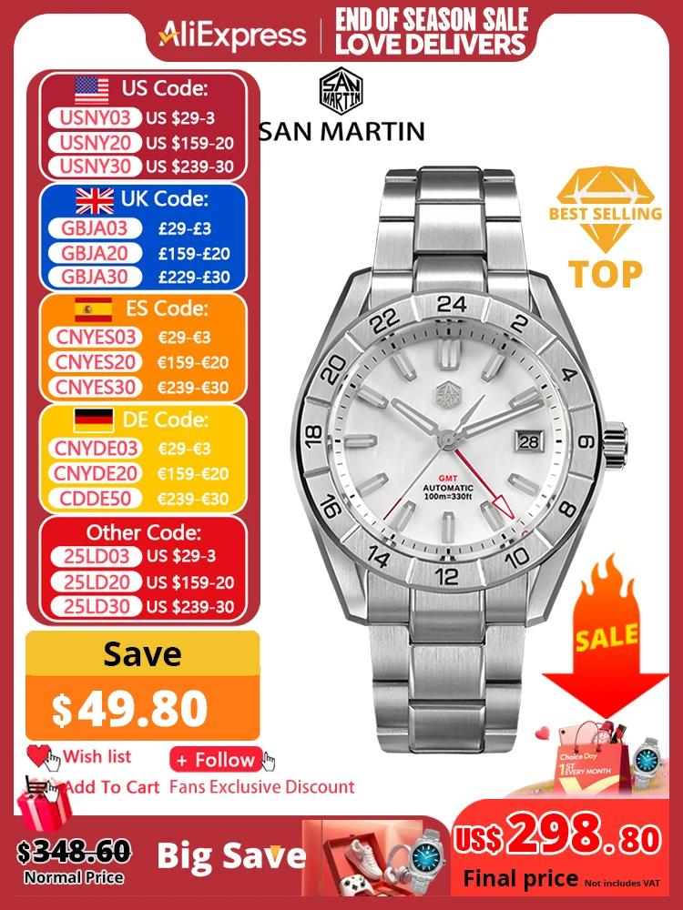 San Martin 42mm MOP Dial Men's Luxury Watches Business Dress Watch NH34 GMT Automatic Mechanical Sapphire Luminous 10Bar SN0130