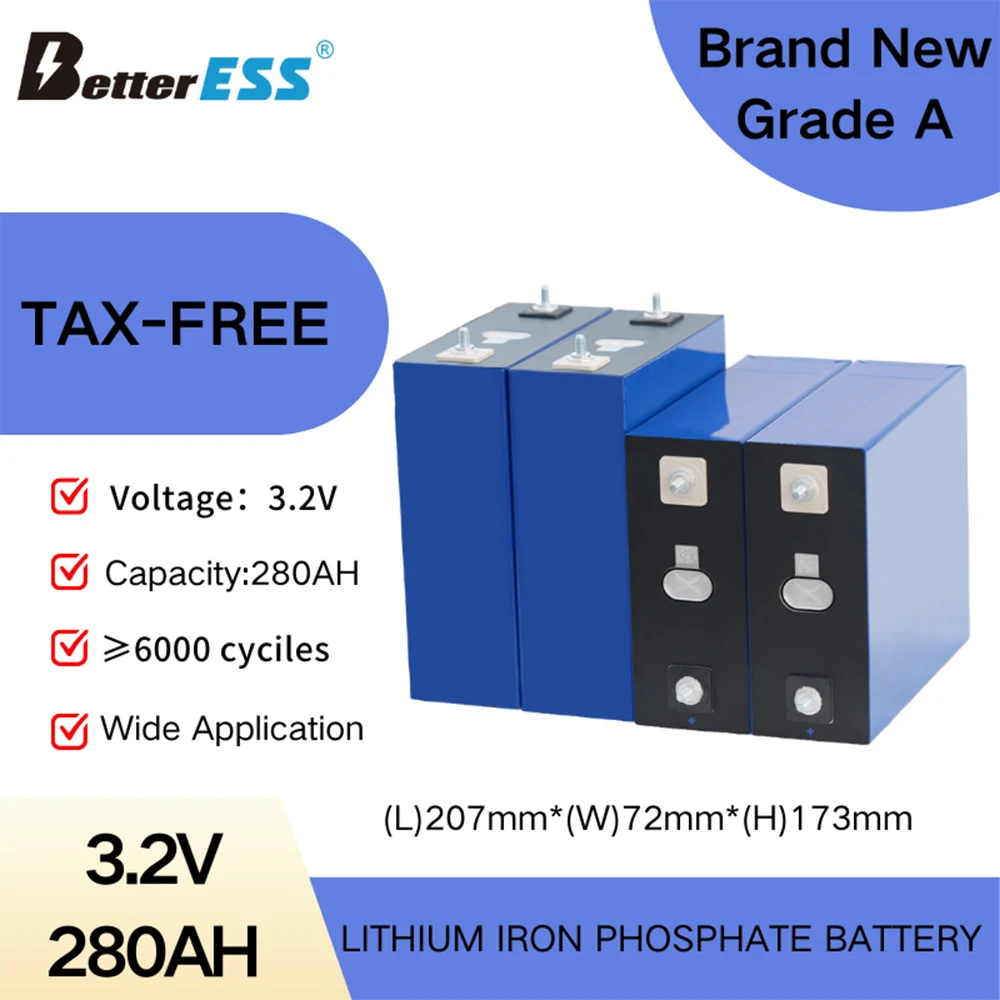 New 280Ah Lifepo4 Rechargable Battery Pack 3.2V Grade A Akku Lithium Iron Phosphate Prismatic Cells for Solar PV EU US TAX FREE