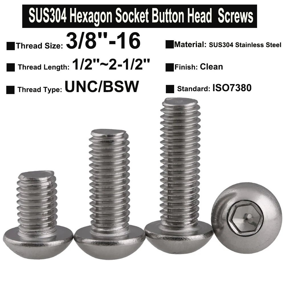 3Pcs UNC Thread 3/8-16x1/2\'\'~2-1/2\'\' SUS304 Stainless Steel Hexagon Socket Button Head Screws Bolts with Full Thread ISO7380