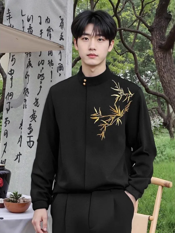

New Chinese Style Long Sleeve Iron Free Shirt Men's Wedding Engagement Embroidered Golden Bamboo Hidden Button Trendy Top