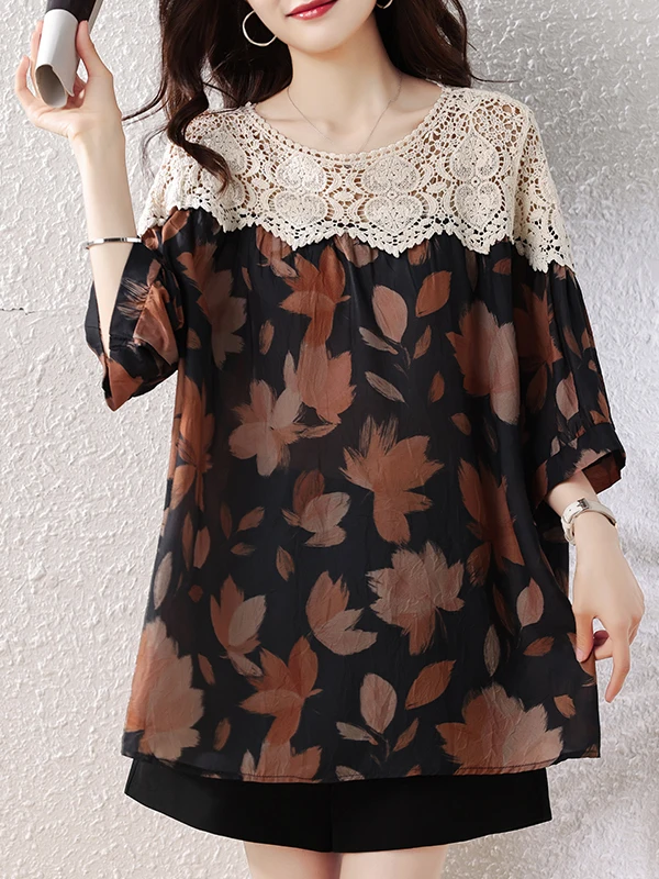 

Authentic Summer New Lace Splicing Floral plus Size Top Meat Concealing Shirt Elegant Style Loose Fit Polyester Fiber Short S...