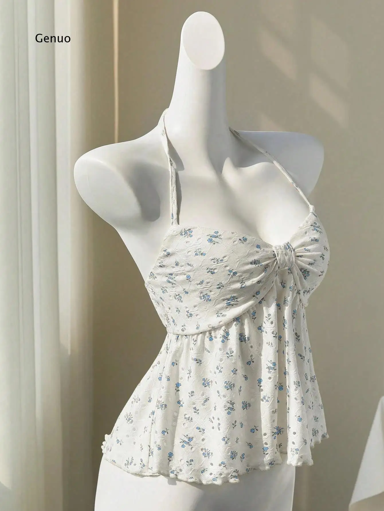 2026 Women Japanese Sweet Fresh Floral Print Tie Front Spaghetti Strap Vest Summer Casual Top