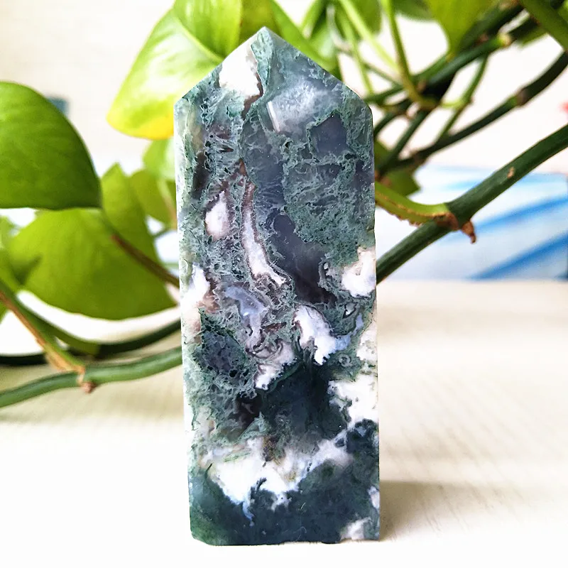 Natural Moss Agate Crystal Tower Wand Point Stone Obelisk Home Decoration Hexagonal Prisms Wicca Chakra Healing Crystals Decor