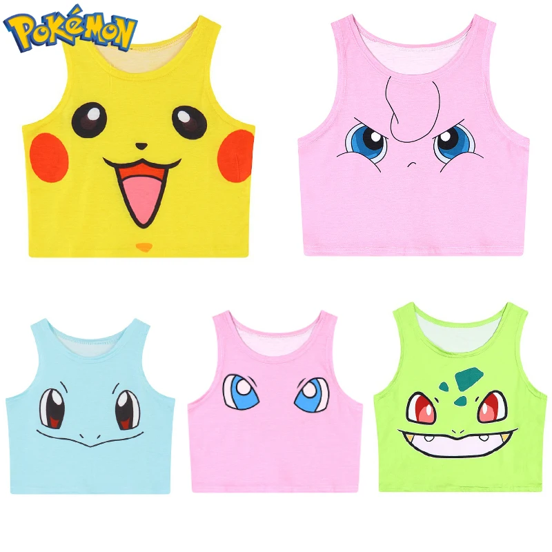 

Pokemon Pikachu Squirtle Mew Vest Anime Figure Cotton Polyester Crop Top Peripheral Summer Crew Neck Top Women Clothing Gifts