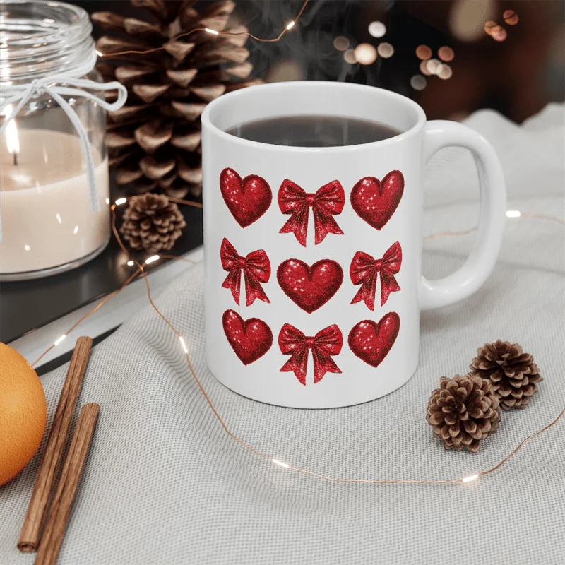 11oz Ceramic Coffee Cup Double Sided Red Heart Bow Design Durable Innovative Mug for Office Home Birthday Christmas Thanksgiving