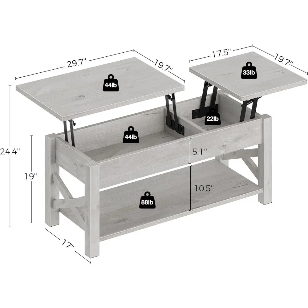 Coffee Table 47.2", 2 Way Lift Top Farmhouse Center Table with Hidden Compartment, Open Shelf & X Wooden Support for Living Room