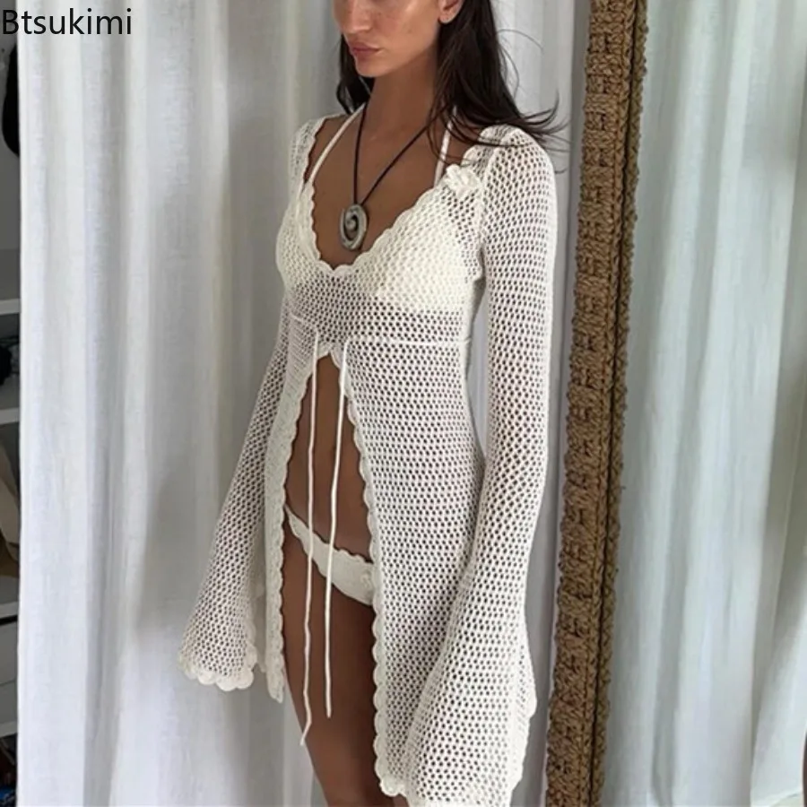 2025 u-pescoço cover-up praia rendas até vestido feminino sexy oco para fora malha manga longa alargamento maiô senhora casual férias beachwear
