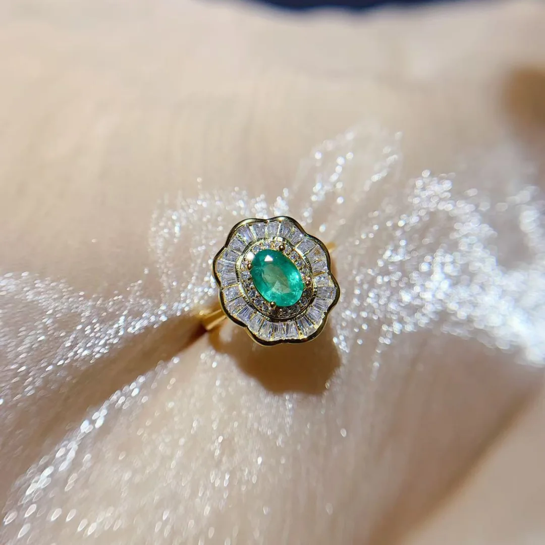 Ethnic Style Design Style Natural Emerald Ring S925 Silver Inlay Deep Pine Green Decorative Ring Daily Rings Can Be Worn