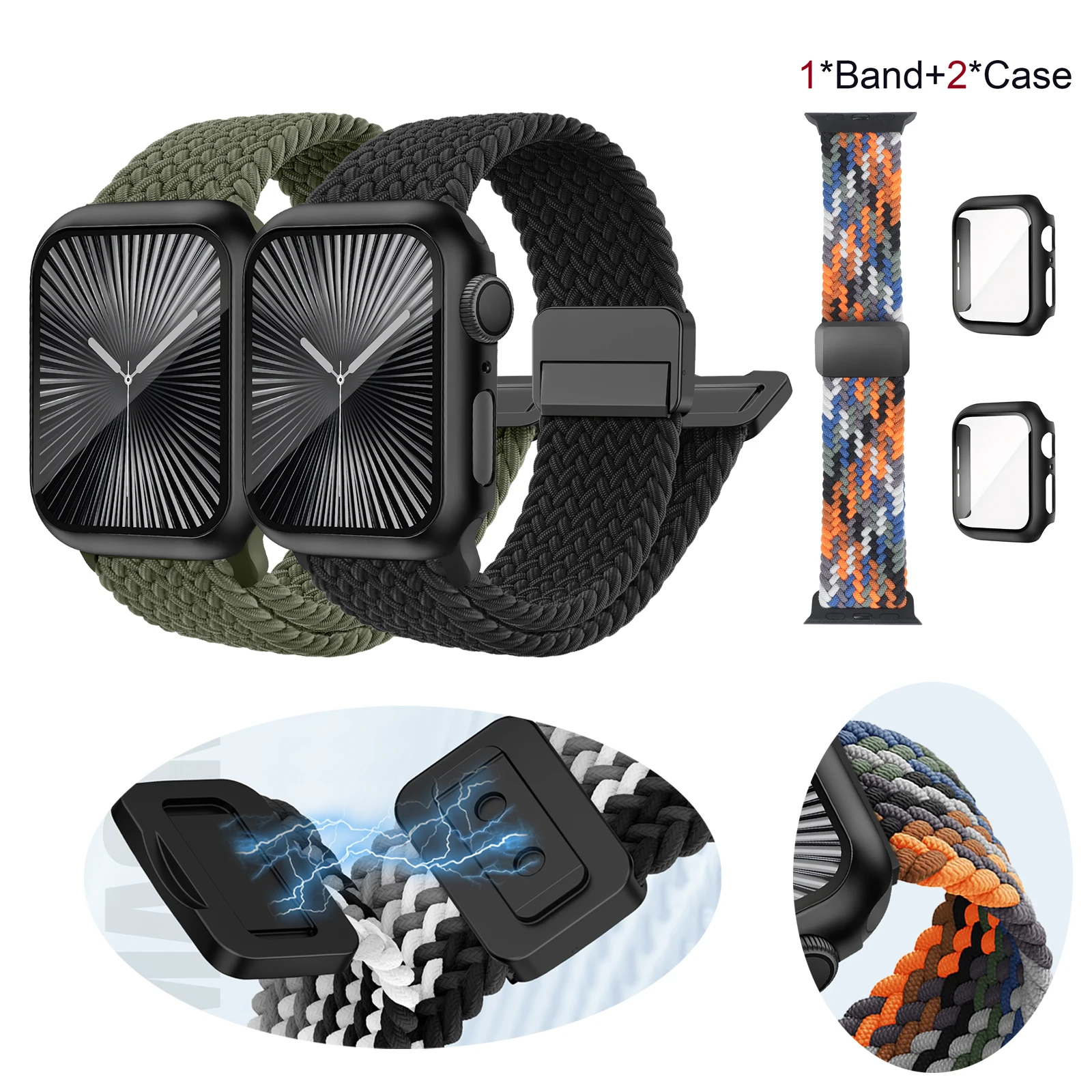 Nylon Magnetic For Apple watch band and 2 watch cases 42mm 44mm 40mm 46mm  Elastic wristband bracelet iWatch series 9 10 8 7 6se