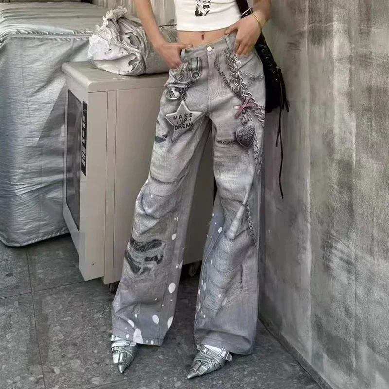 

Gray Vintage Ripped Printed Y2k Jeans Women 2025 Antumn 2000s Streetwear American Retro Denim Pants High Waist Wide Leg Jeans