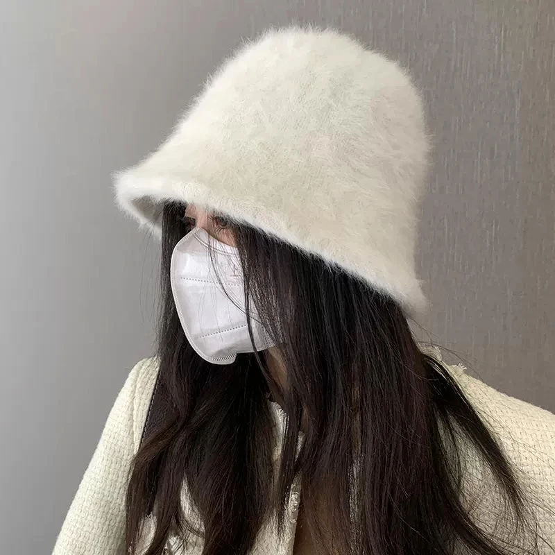 Chapéu de pescador de cabelo de coelho para mulheres outono-inverno bacia chapéu cabeça redonda de pelúcia sênior sentido rosto pequeno balde branco chapéu para mulher
