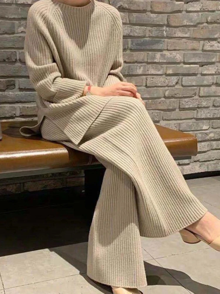 New Women\'s Elegant Solid O-Neck Knitted Sweater Suit Winter Korean Fashion Leisure 2 Piece Homewear with Wide Pants