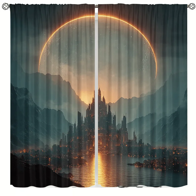 Fantasy Castle curtains by the lake, installed using pocket rod method, suitable for bedrooms, living rooms balconies decoration