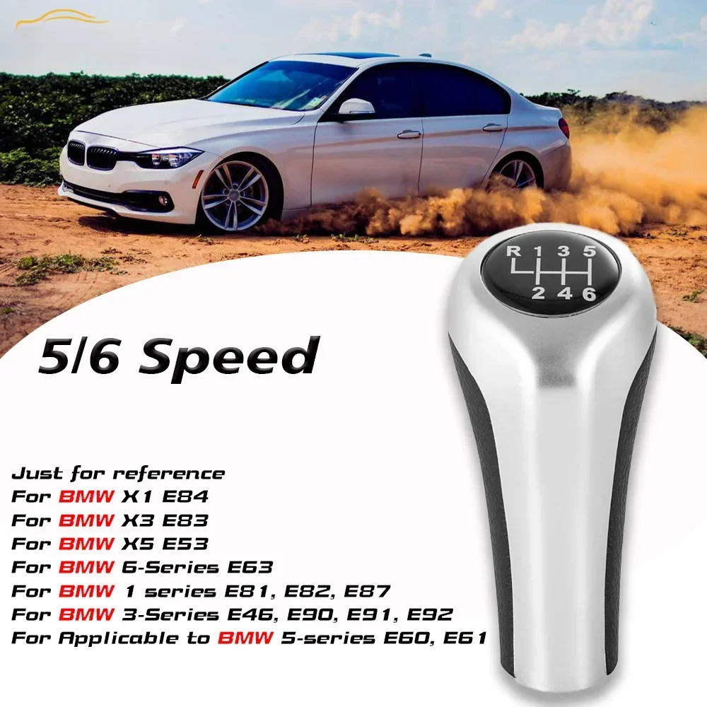 Car 5 6 Speed Leather Gear Stick Silver Shift Knob For BMW 1 3 5 6 Series E46 E53 E60 E61 E63 E81 E82 E83 E84 E87 E90 E91 E92