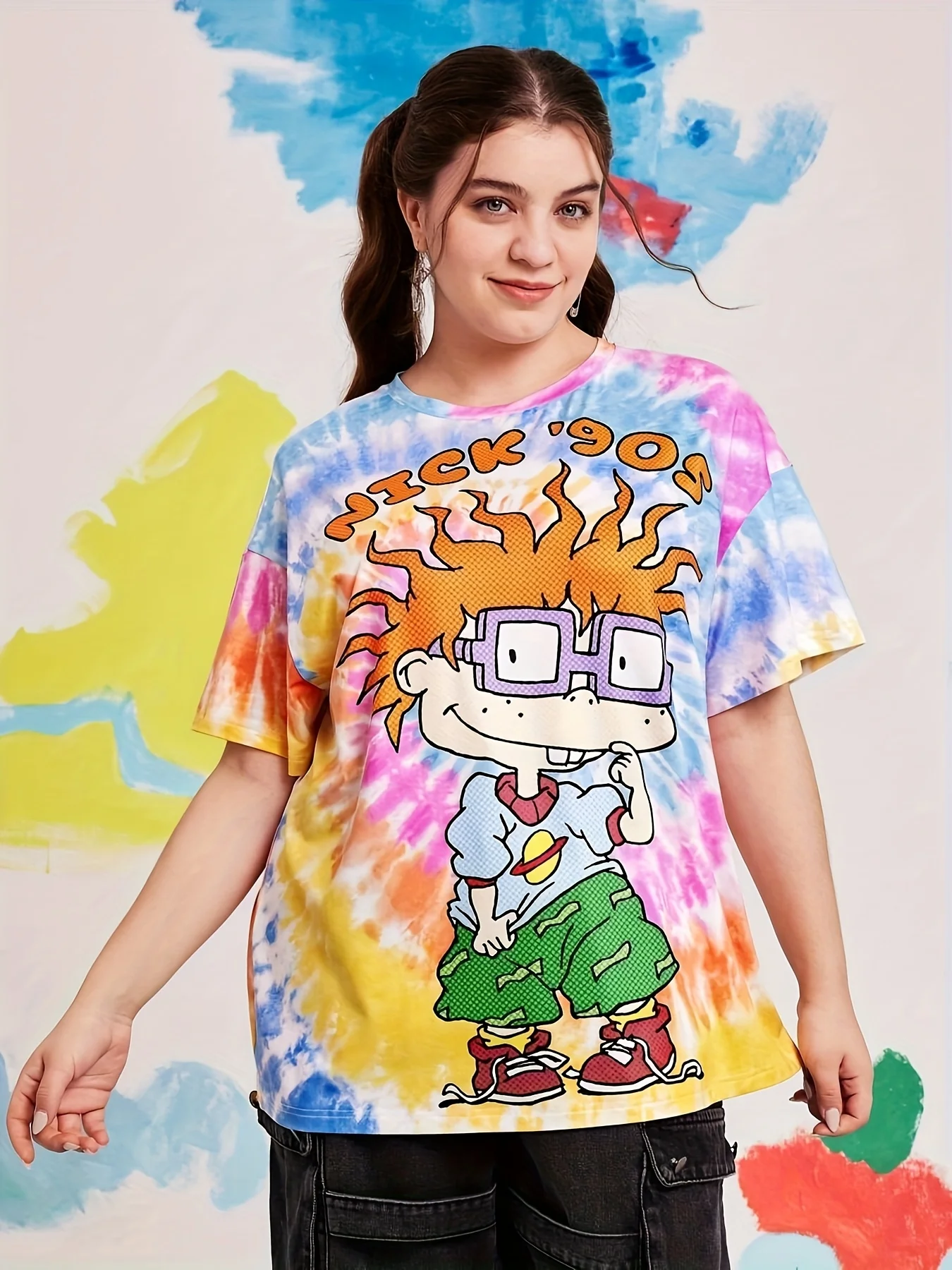 

Женская винтажная футболка с круглым вырезом и короткими рукавами, красочная свободная посадка с мультяшным принтом граффити, европейско-американский, лето 2025