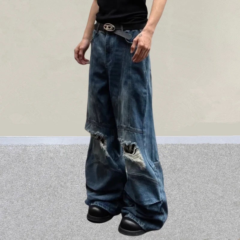 2026 Y2K Grunge Vintage Blaue Baggy Plissierte Zerrissene Gestapelte Jeans Herrenbekleidung Distressed Denim Hosen Pantalon Homme – Detail 10