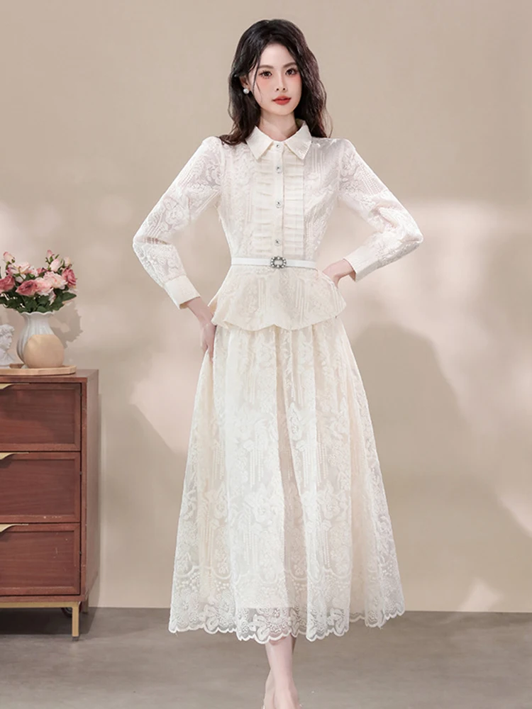

Women's Elegant Lace 2 Piece Set Spring Sweet Lapel Ruffle Slim Tops Shirt And A Line Midi Skirt Dating Daily Casual Outfits New