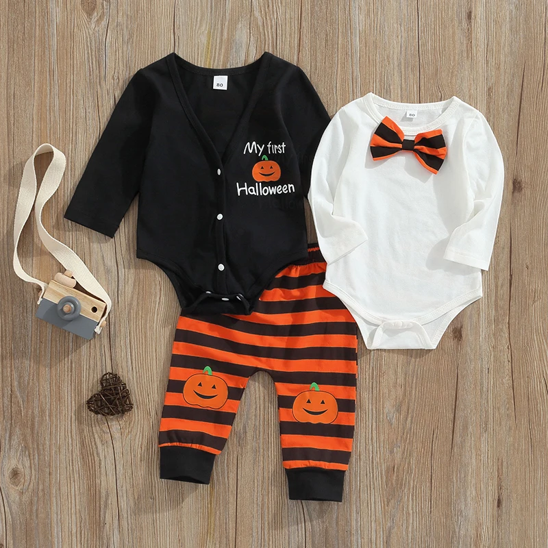 2022-07-05 Lioraitiin 0-12M Infant Baby Boy 3Pcs Halloween Clothing 2 Bodysuit Top Striped Printed Pants