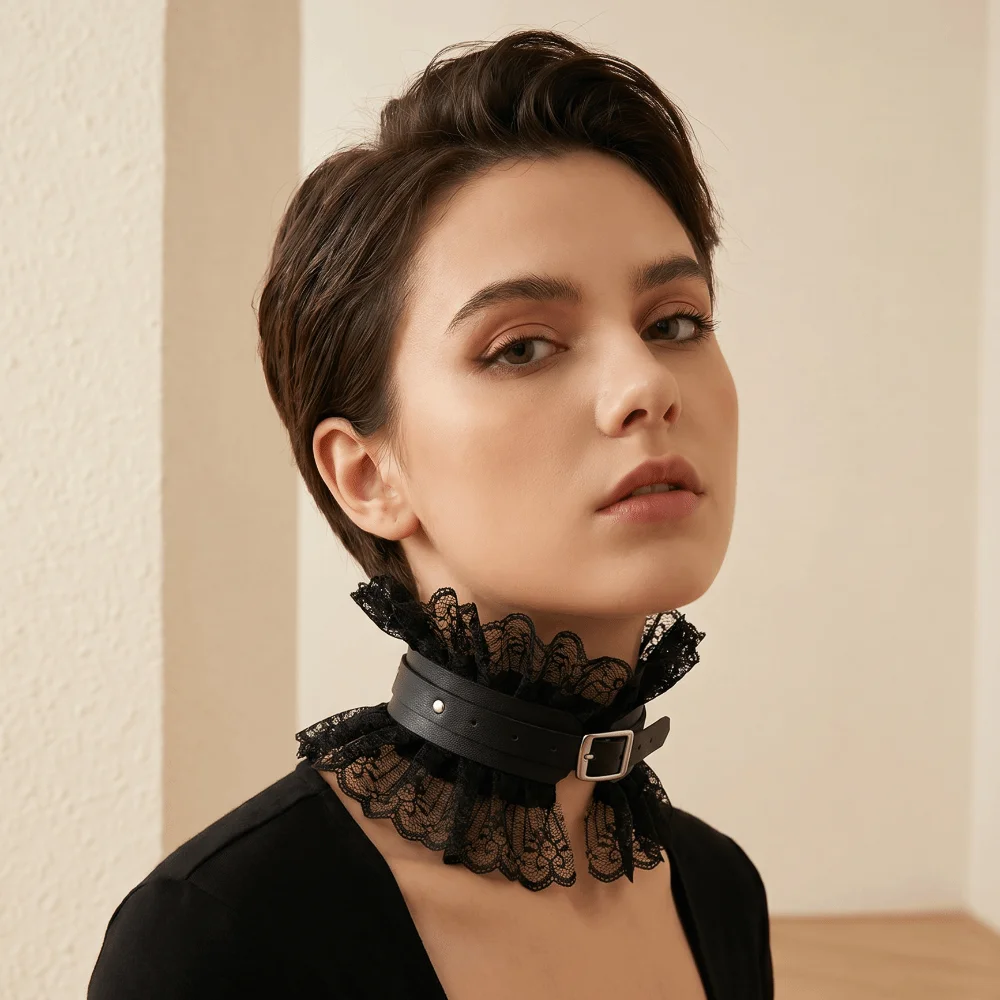 Black Red Color Pu Leather Choker Vintage Style Adjustable Lace Lolita Choker Ruffled Floral Lace Chunky Gothic Neck Ruff