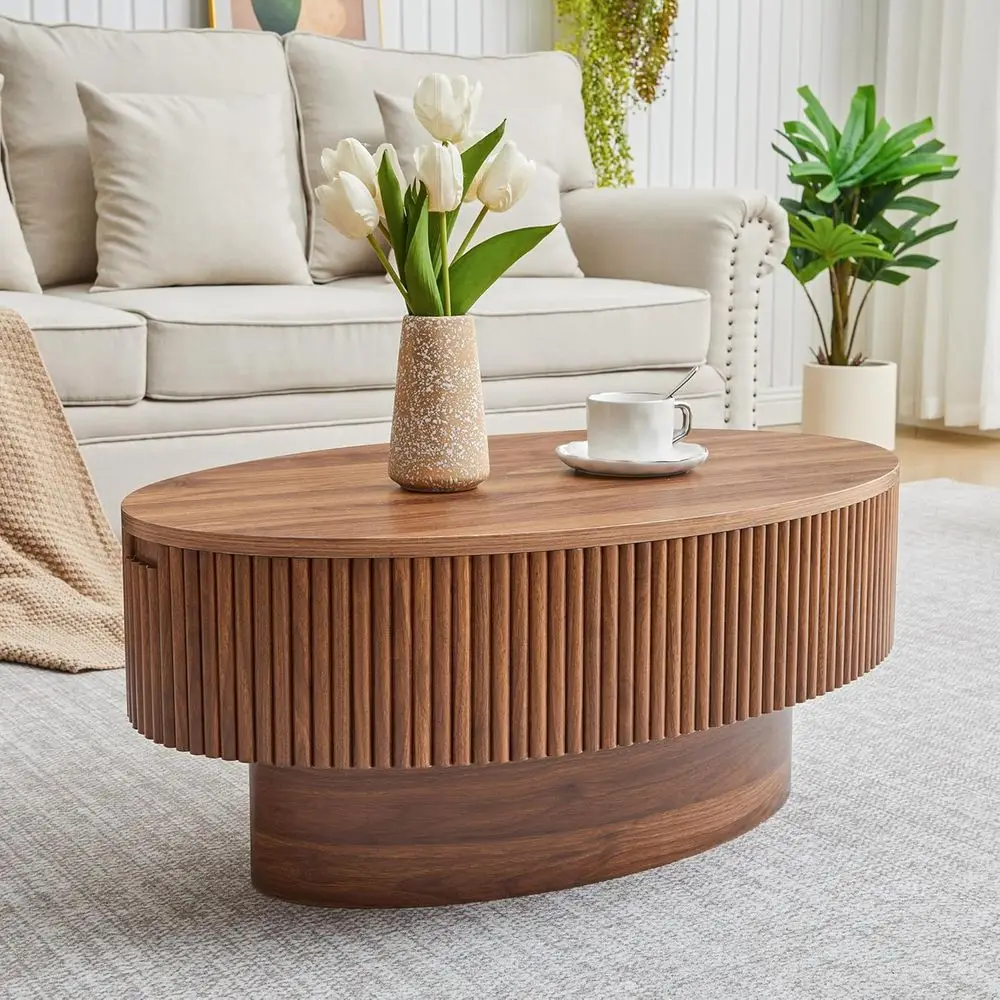 Walnut Oval Coffee Table with Concealed Storage, 31.5 Wide, Veneered Accent Table for Small Living Spaces