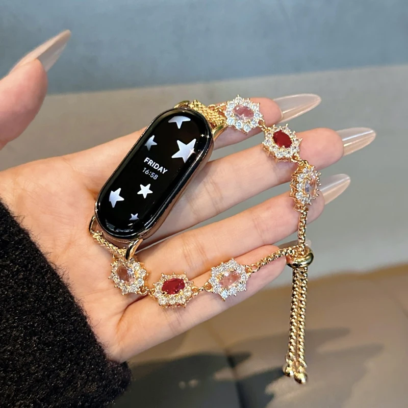 Retro Sunflower Gemstone Diamond Strap for Xiaomi Mi Band 10 9 8 9Pro Telescopic Link Bracelet for Redmi Watch 6 5 4 Accessories