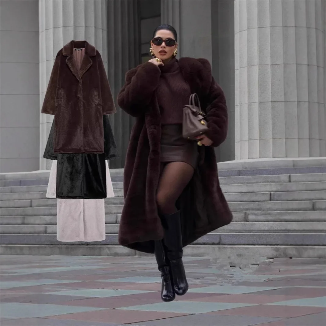 KIDCRKJ Zimowy damski płaszcz z futra norek, kołnierz z klapami, kieszenie na guziki, kurtka ze sztucznego futra dla kobiet, luksusowy długi ciepły damski płaszcz futrzany