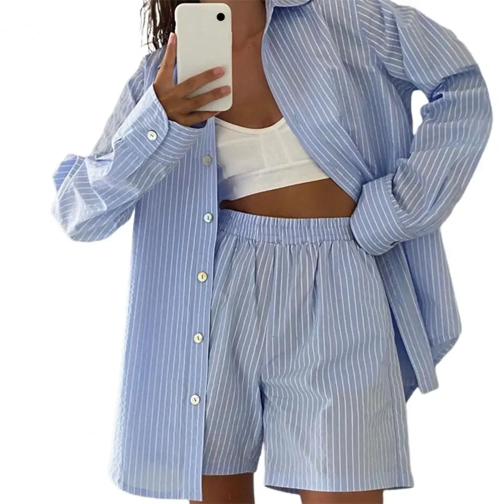 Women 2 Pieces Suit Set Female Striped/ Plaid Turn-Down Collar Long Sleeve Shirt+ Short Pants for Spring Autumn