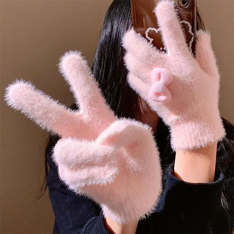 Gants en peluche avec nœud doux pour femmes, chauds d'hiver, à cinq doigts, résistants au froid, accessoires de mode pour étudiants, idées cadeaux de noël