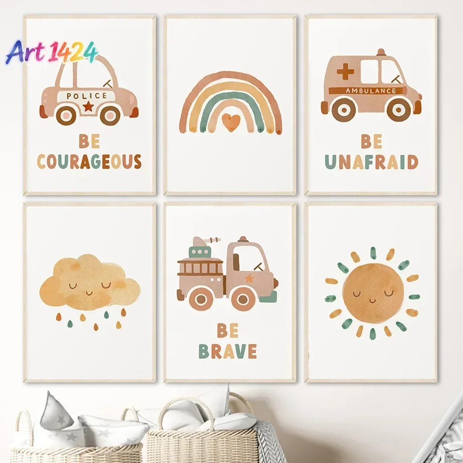 1pcs(No frame)Sun Rainbow Cloud Fire Brigade Police Ambulance Nordic Posters And Prints Wall Art Canvas Painting Pictures Bab