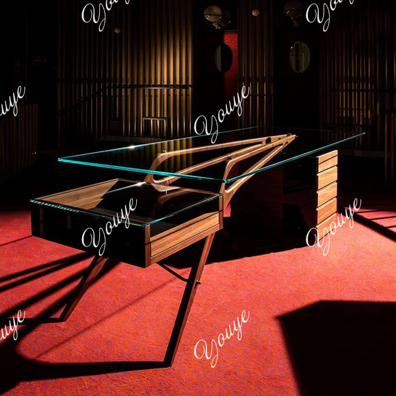 T Italian desk, black walnut tempered glass, solid wood desk, light luxury, high-end sense of home