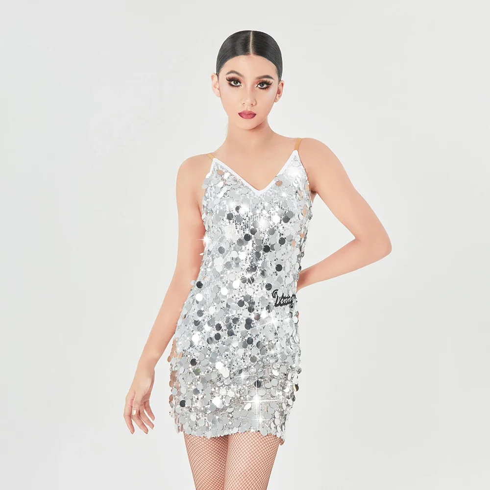 

Vennystyle Latin Dance Dress Women Dance Training Sequined Sparkling Costume Spaghetti Strap Open Back Design
