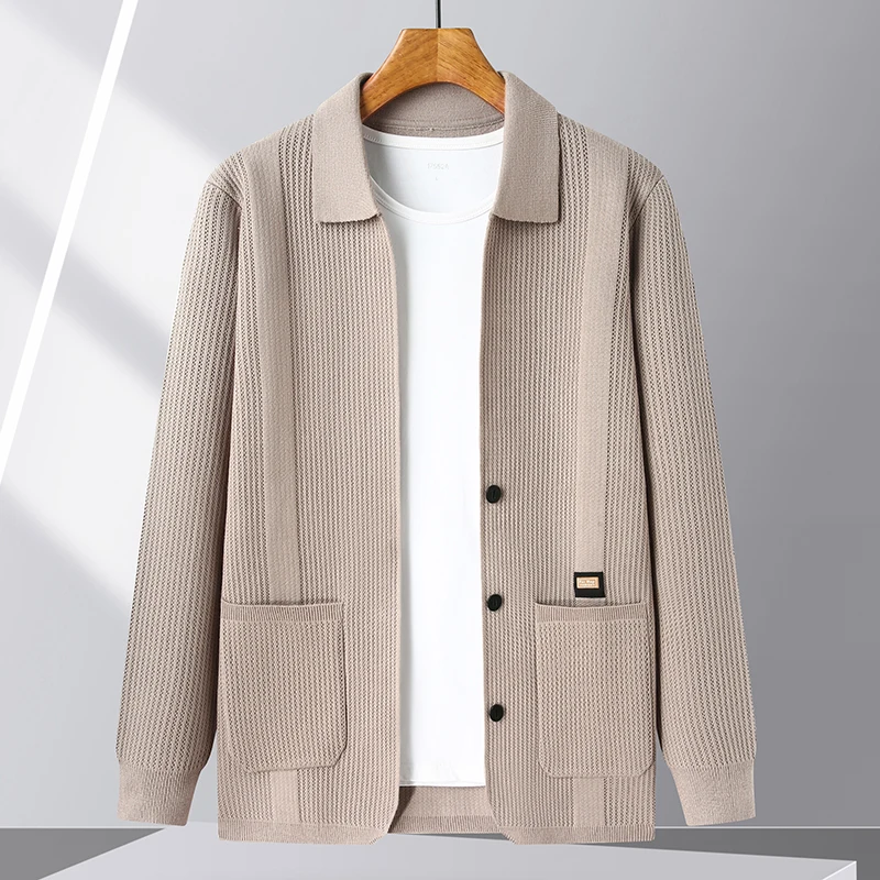 

Оригинальный брендовый мужской вязаный кардиган с лацканами и длинными рукавами, осень-зима, новый однотонный мягкий свитер с карманами, деловая мужская одежда, топ