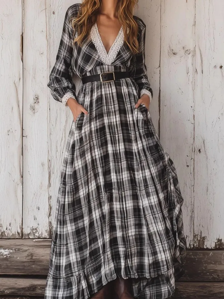 여성용 레트로 체크 셔츠 드레스 가을 신상 패션 브이넥 긴팔 하이웨이스트 A라인 롱 스커트 드레스 (벨트 미포함)