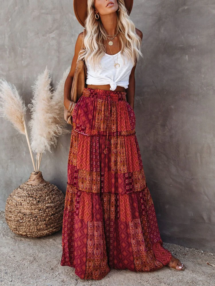 Women\'s Long Skirts Fashion Bohemian Print Maxi Skirt Winter Holiday Beach Skirts Casual Loose Patchwork Skirt Female Bottoms