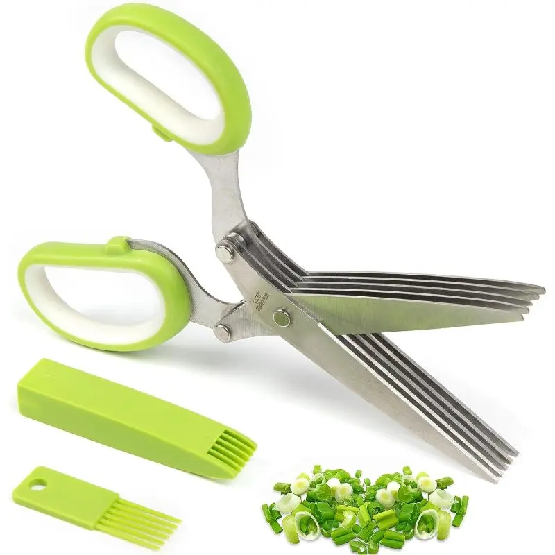 Heavy duty scissors with 5 blades and lid, used for cutting, shredding, and cooking garden herbs